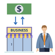 A man in a suit standing beside a business shopfront. Arrows indicate money coming in and out of the business.